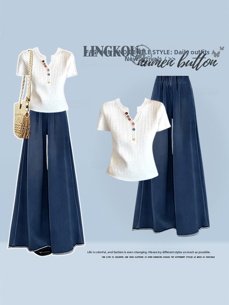 Women Fashion Jeans Top - Casual gebreide top met korte mouwen