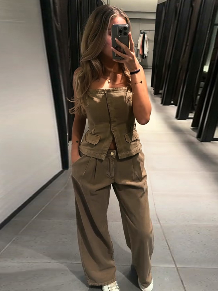 Women Fashion Jeans Top - Y2K Dames Borstwrap Vest Pantalonpak 2026