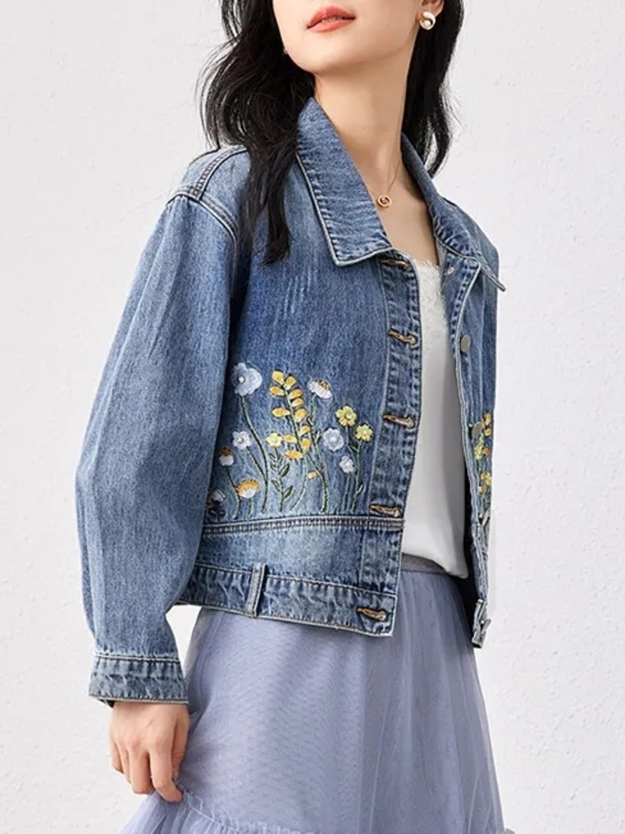 Women Fashion Jeans Top - Gebloemd Korte Spijkerjas Dames Casual Denim