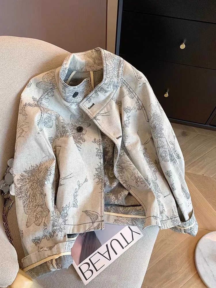 Women'S Fashion In The 90S - Vrouwen lichtgrijs print denim jasje vintage