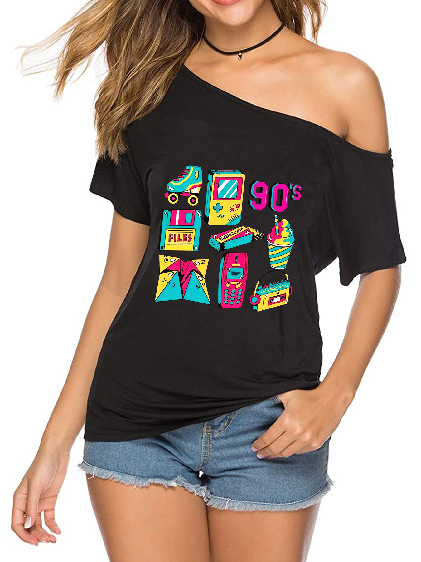 Women'S Fashion In The 90S - Mode Dames off-shoulder T-shirt 90's Retro