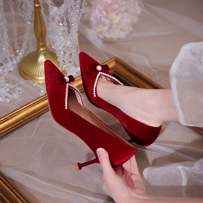Women'S Fashion Quick Delivery - Rode hoge hak parel damespumps puntige