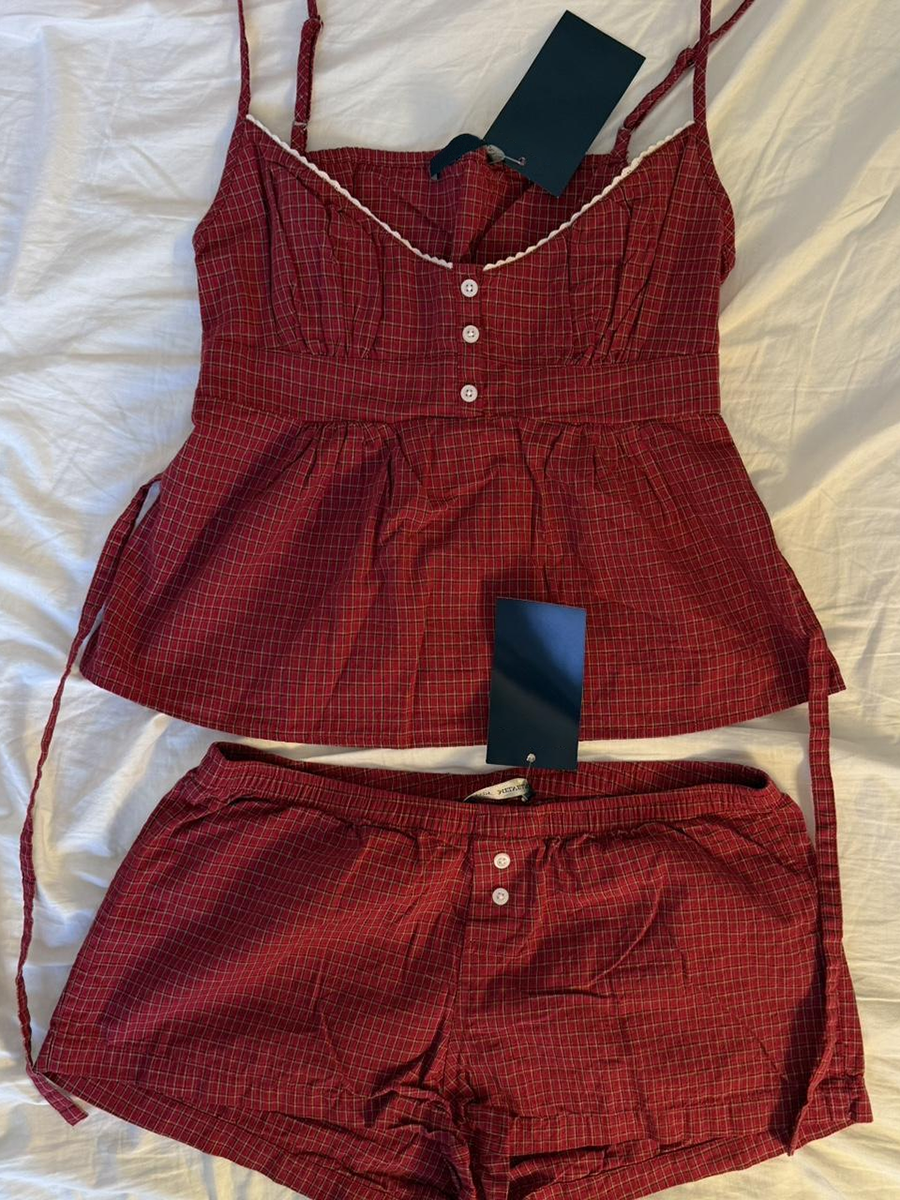 Lace Trim Cami - Rode geruite knoppen tankshorts set vrouw