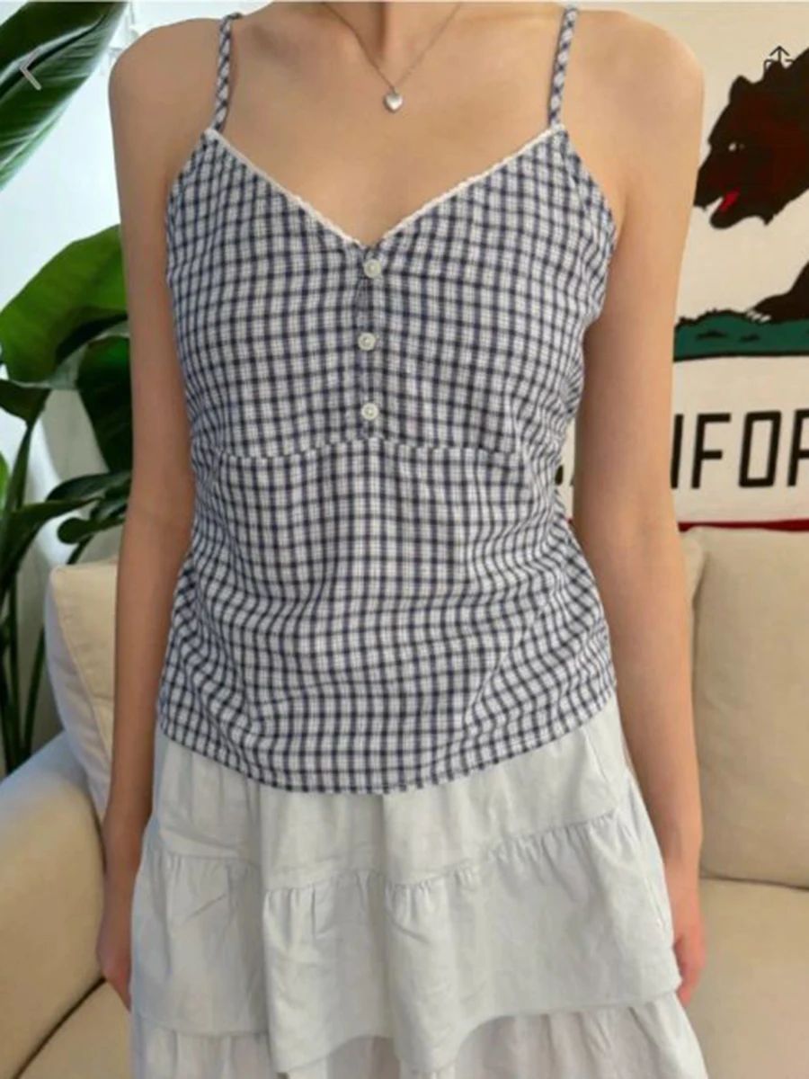 Marineblauwe Geruite Tankshort - Lace Trim Cami recensie en prijs
